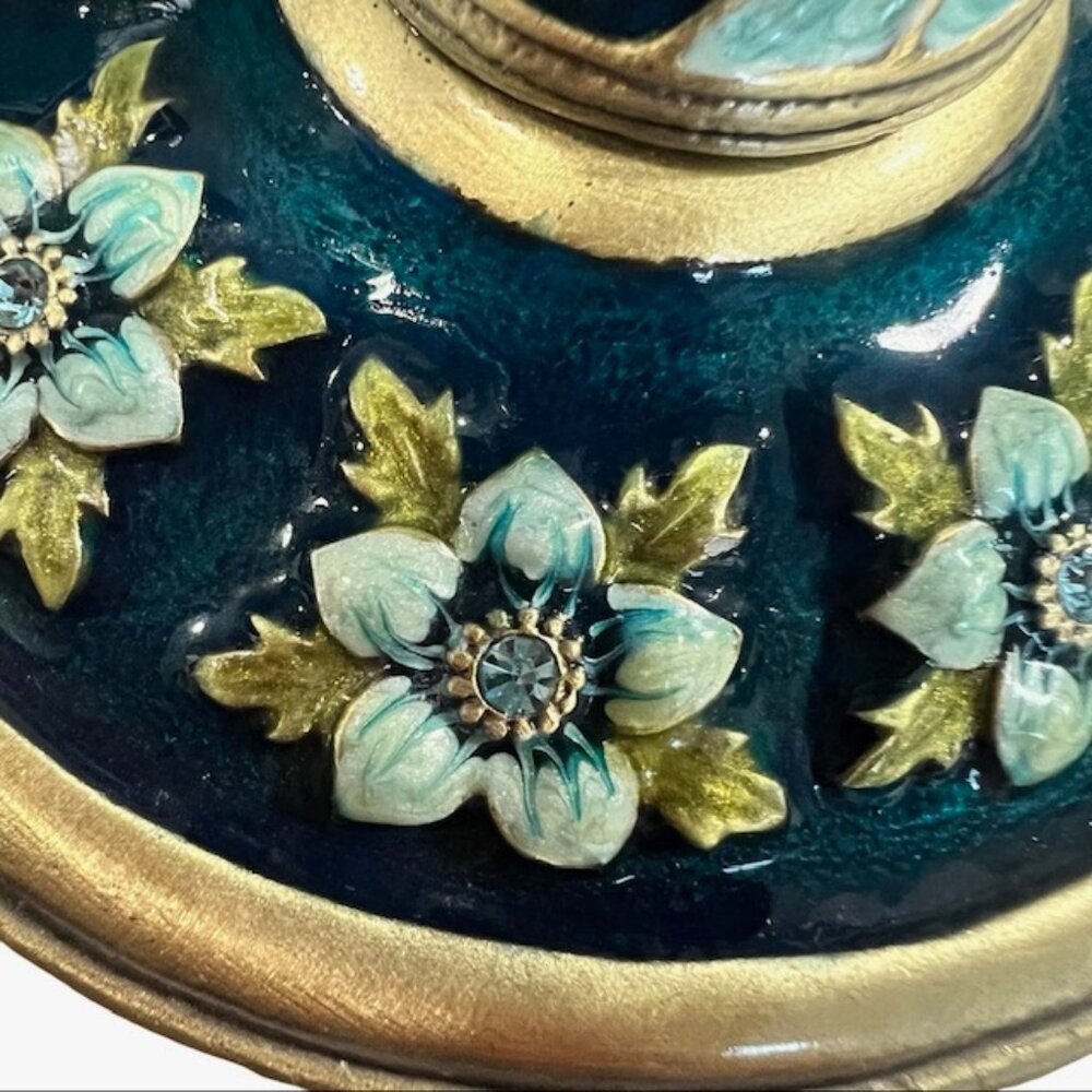 Vintage Brass Oval Vanity Makeup Desk Mirror, Enameled Metal Jeweled Tabletop - Picture 8 of 14